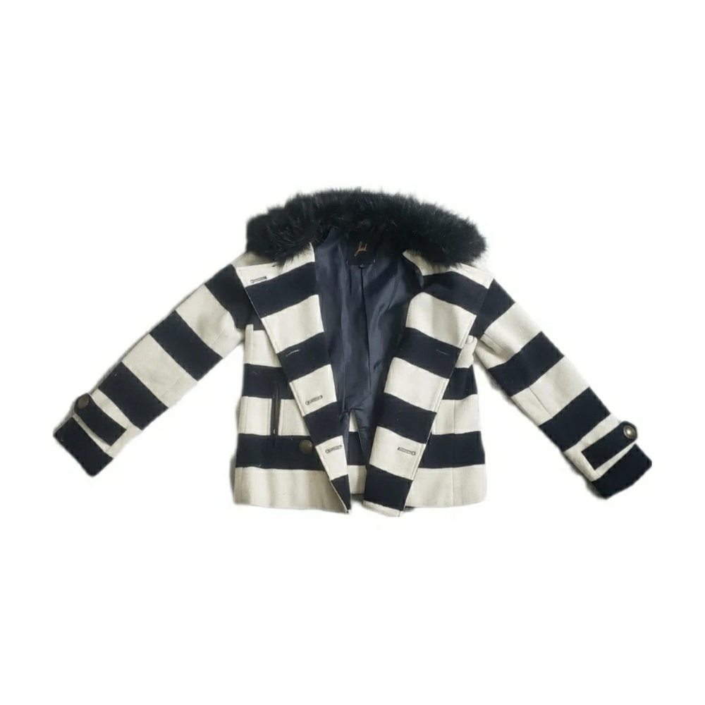 Striped Navy & White Peacoat Jacket w Detachable Faux Fur Collar